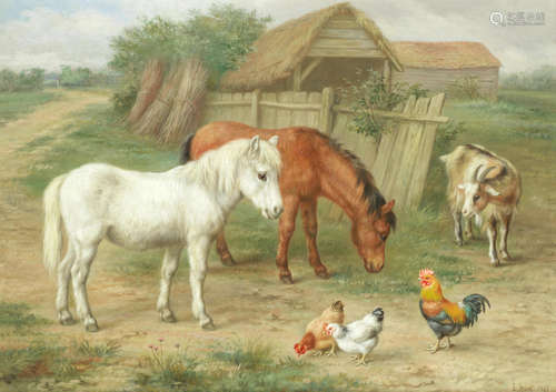 Foals, chickens and a goat feeding by the barn  Edgar Hunt(British, 1876-1953)