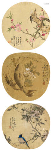 罗岸先 1868、1871年作 花鸟团扇 (三帧) 镜片 设色绢本