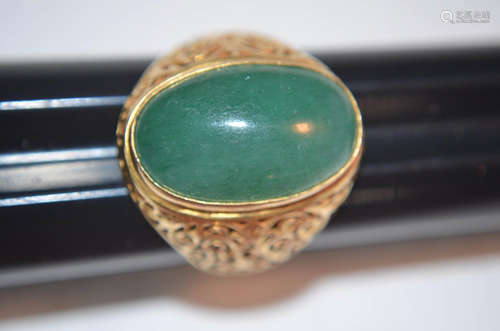 Old Chinese Green Jade And 22k Gold Ring 1920 Year