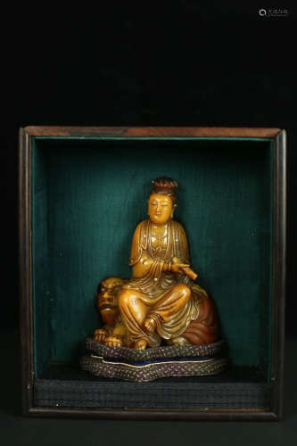 Chinese Shou Shan Stone Guan Yin With Wood Box