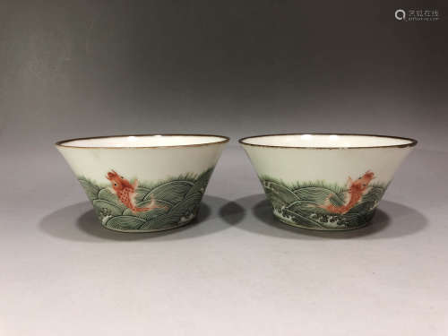 Pair of Famille Rose Porcelain Cups