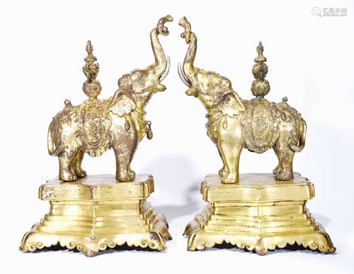 Pair Of Chinese Gilt Bronze Elephant