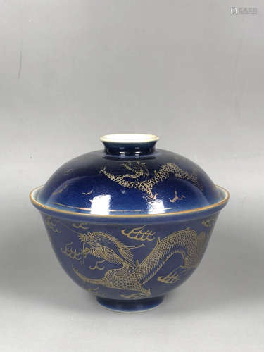 Blue Glazed Gilt Porcelain Cover Bowl