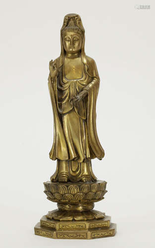 Chinese Bronze Standing Guanyin w/ Lotus Stand