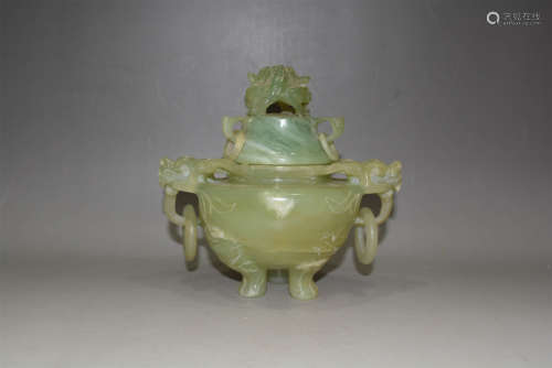 20th C. Chinese jade carved tripot censer