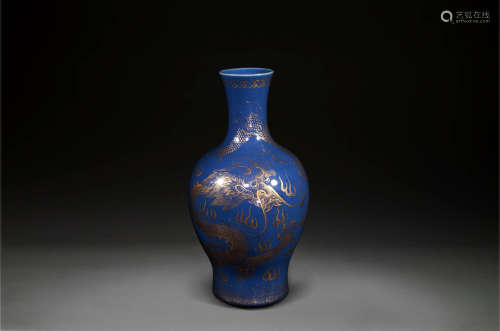 A Gilt Decorated Blue Glazed Dragon Vase
