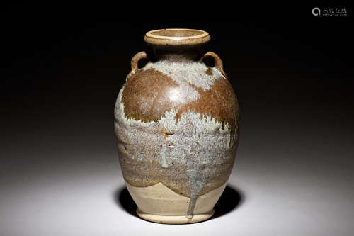 BROWN GLAZED JAR WITH TWO HANDLES