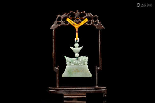 JADEITE CARVED 'PIXIU' HANGING ORNAMENT WITH WOODEN STAND