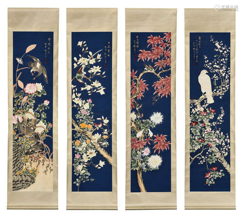 MEI LANFANG: SET OF FOUR INK AND COLOR ON PAPER PAINTINGS 'FLOWERS AND BIRDS'