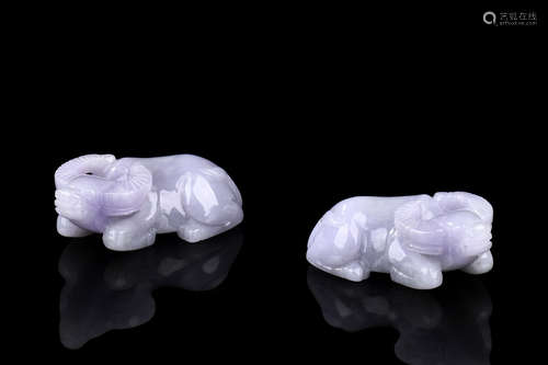 PAIR OF LAVENDER JADE CARVED 'WATER BUFFALO' FIGURES