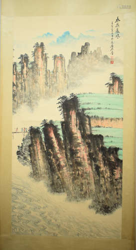 SHI LU: INK AND COLOR ON PAPER PAINTING 'MOUNTAIN SCENERY'