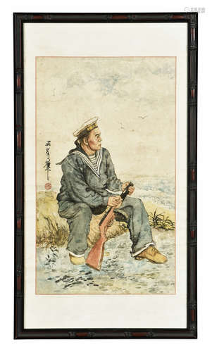 GUAN SHANYUE: FRAMED INK AND COLOR ON PAPER PAINTING 'SOLDIER'