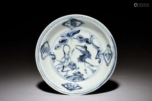 BLUE AND WHITE 'ELDER AND CRANE' DISH