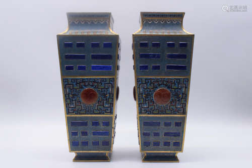 PAIR OF CLOISONNE ENAMELED 'BAGUA' RECTANGULAR VASES