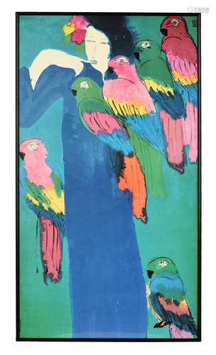 DING XIONGQUAN: 'LADY AND PARROTS' PRINT