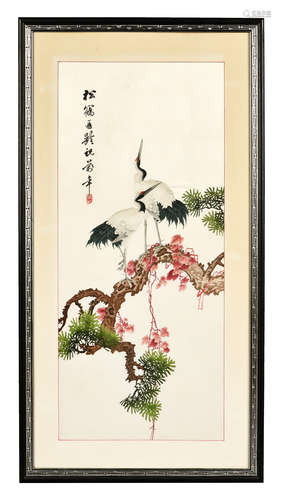 FRAMED SILK EMBROIDERY 'CRANES'