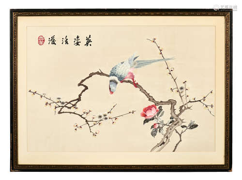 FRAMED SILK EMBROIDERY 'PARROT'