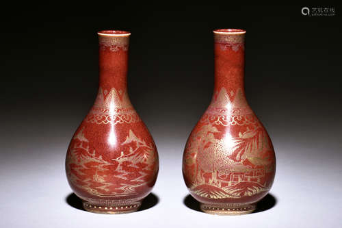 PAIR OF FLAMBE GLAZE AND GILT VASES