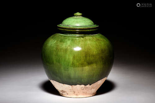 GREEN GLAZED JAR WITH COVER