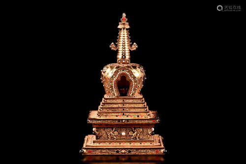 BRONZE CAST AND GEMSTONE DECORATED BUDDHIST PAGODA