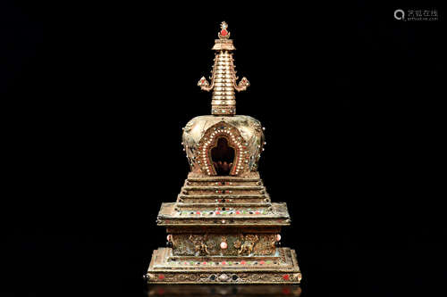 BRONZE CAST AND GEMSTONE DECORATED BUDDHIST PAGODA