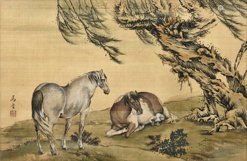 MA JIN: FRAMED INK AND COLOR ON SILK PAINTING 'HORSES'