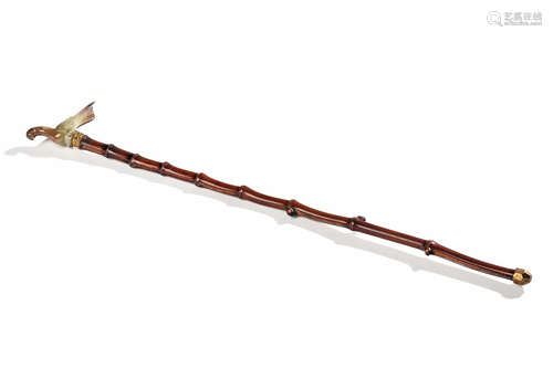 WOODEN CANE WITH ARCHAIC JADE CARVED ORNAMENT