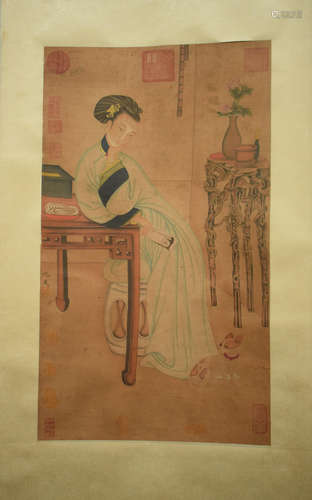 QIU YING: INK AND COLOR ON PAPER PAINTING 'LADY'