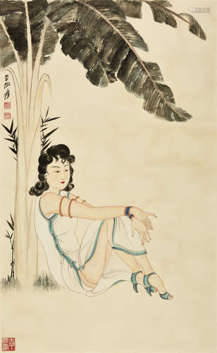 ZHANG DAQIAN: INK AND COLOR ON PAPER PAINTING 'LADY'