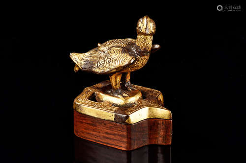 GILT BRONZE CAST 'BIRD' FIGURE WITH WOODEN STAND