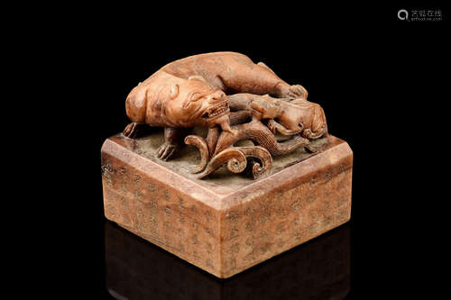 JADE CARVED 'MYTHICAL BEASTS' STAMP SEAL