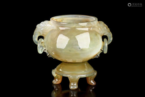 AGATE CARVED CENSER WITH STAND AND HANDLES