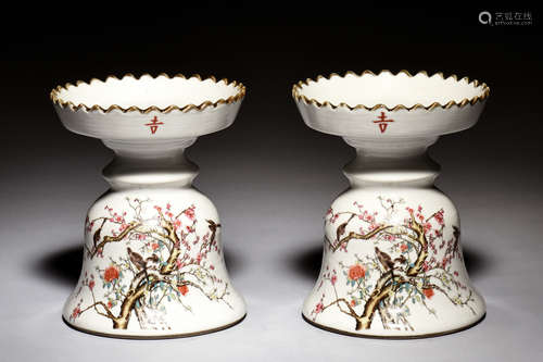 PAIR OF FAMILLE ROSE 'FLOWERS AND BIRDS' STEM CUPS