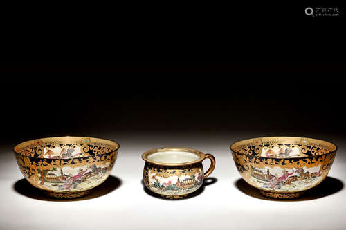 THREE FAMILLE ROSE GILT DECORATED 'WESTERN' EXPORT PORCELAIN