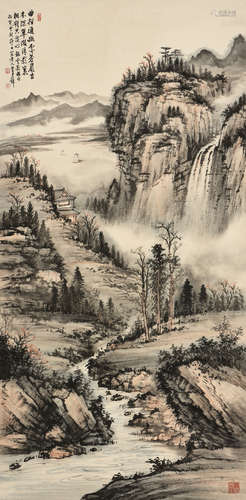 HUANG JUNBI: INK AND COLOR ON PAPER PAINTING 'MOUNTAIN SCENERY'