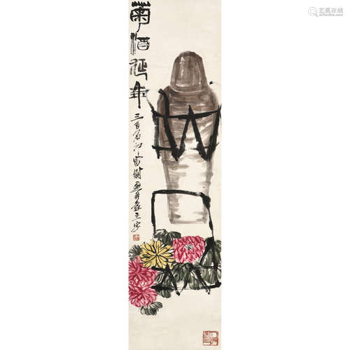 QI BAISHI: INK AND COLOR ON PAPER PAINTING 'FLOWERS AND WINE'