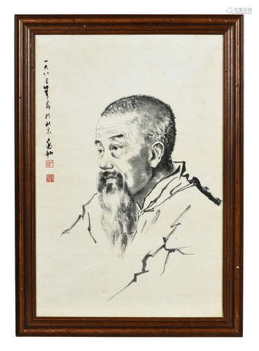 JIANG ZHAOHE: FRAMED INK ON PAPER PAINTING 'PORTRAIT'