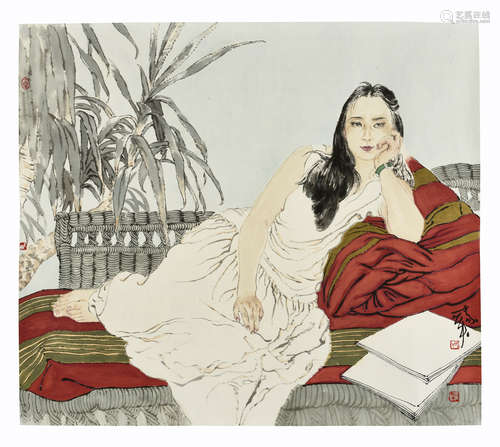 HE JIAYING: INK AND COLOR ON PAPER PAINTING 'GIRL'