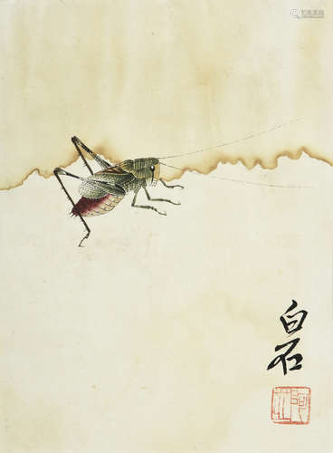 QI BAISHI: FRAMED INK AND COLOR ON PAPER PAINTING 'GRAASSHOPPER'