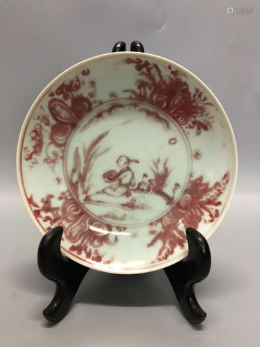 14-16TH CENTURY, A FIGURE PATTERN UNDERGLAZE RED PLATE , MING DYNASTY