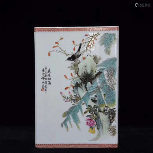 20TH CENTURY, A FLORAL&BIRD PATTERN ENAMELS SQUARE BRUSH HOLDER, THE REPUBLIC OF CHINA