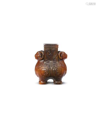 Signed Bao Tiancheng, 17th century A very rare and exquisite archaistic rhinoceros horn 'double-ram' vessel, zun