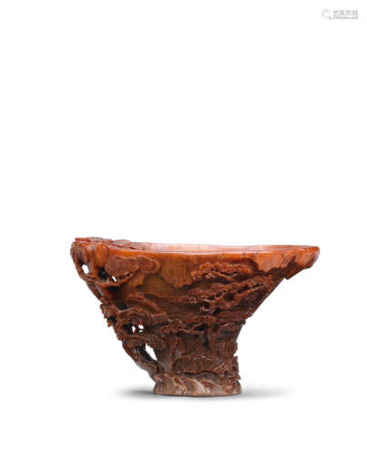 17th century A rare rhinoceros horn 'riverscape' libation cup
