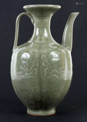 CHINESE OLIVE GREEN CELADON PORCELAIN EWER - Melon or gourd-shaped with moulded vine pattern on each of six sections