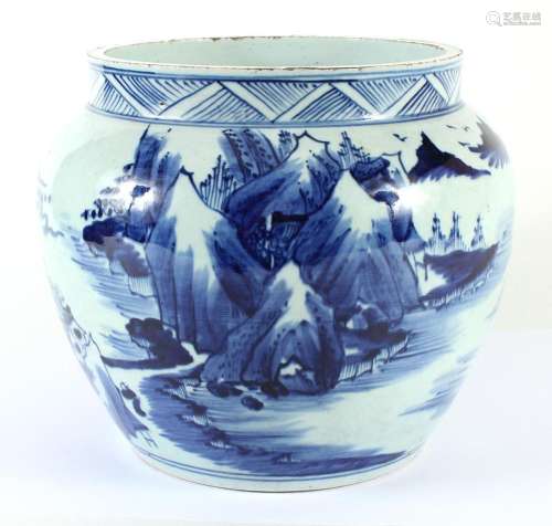 19TH CENTURY B/W JAR WITH LANDSCAPE SCENE - A panoramic landscape scene encircles the exterior wall; mountains, forest, water and ar...