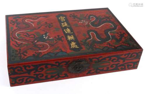 CHINESE RED LACQUER BOX WITH DRAGONS - Etched polychrome papier-mache over wood