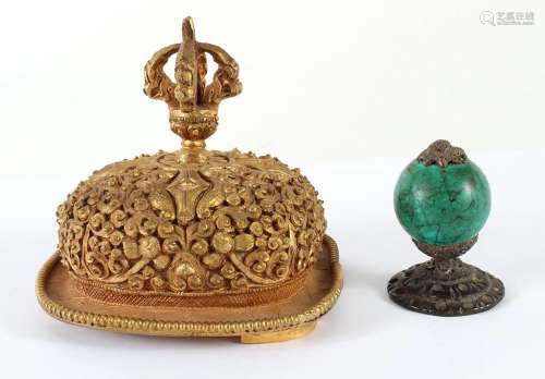 A HEAVY GILT TIBETAN CAP & A TURQUOISE HAT KNOB - This Tibetan 