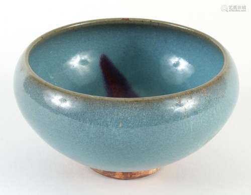 CHINESE PORCELAIN SONG STYLE FLAMBE BOWL - Steep sided bowl with robin's egg blue ground and single splash of purple. Unglazed foot...