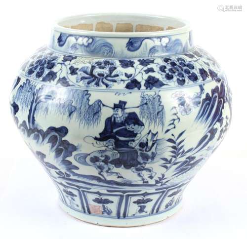CHINESE BLUE/WHITE YUAN STYLE JAR WITH WARRIORS - With a woodland scene of warriors on horseback and on foot; also an elder riding i...
