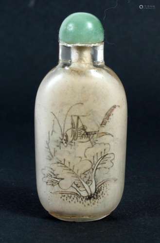 REVERSE ON GLASS PAINTED SNUFF BOTTLE - Opaque Peking glass with reverse painted scene of a cricket on one side and a landscape scen...